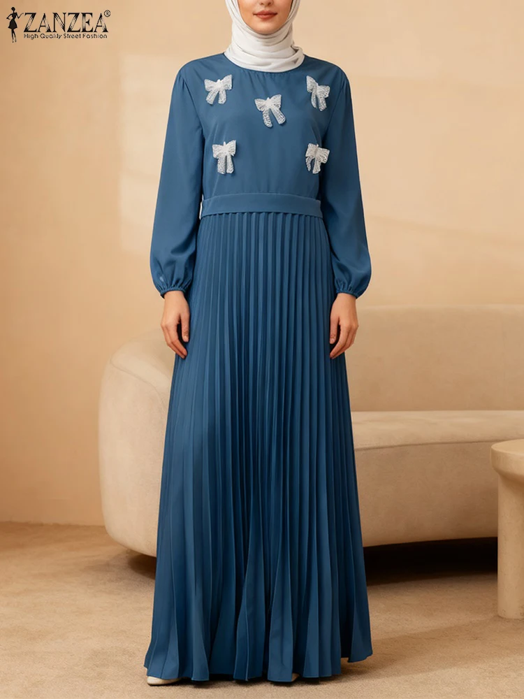 

Стильные женские лоскутные платья 2026 ZANZEA, модное вечернее платье, весеннее плиссированное платье с длинными рукавами и бантами, мусульманский халат Абая Femme