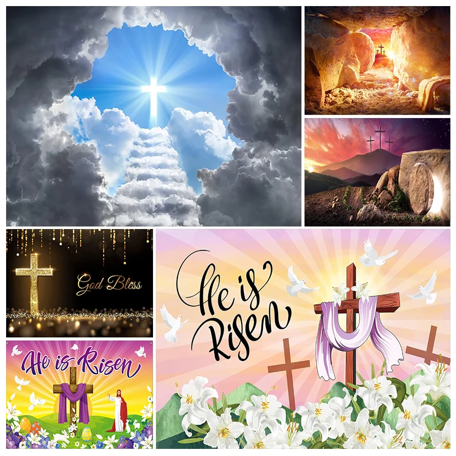 Resurrection of Jesus Easter Backdrop Sunrise Shabby Grave Stone Door Remote Three Crucifixs Rebirth of Jesus Bible Story Church