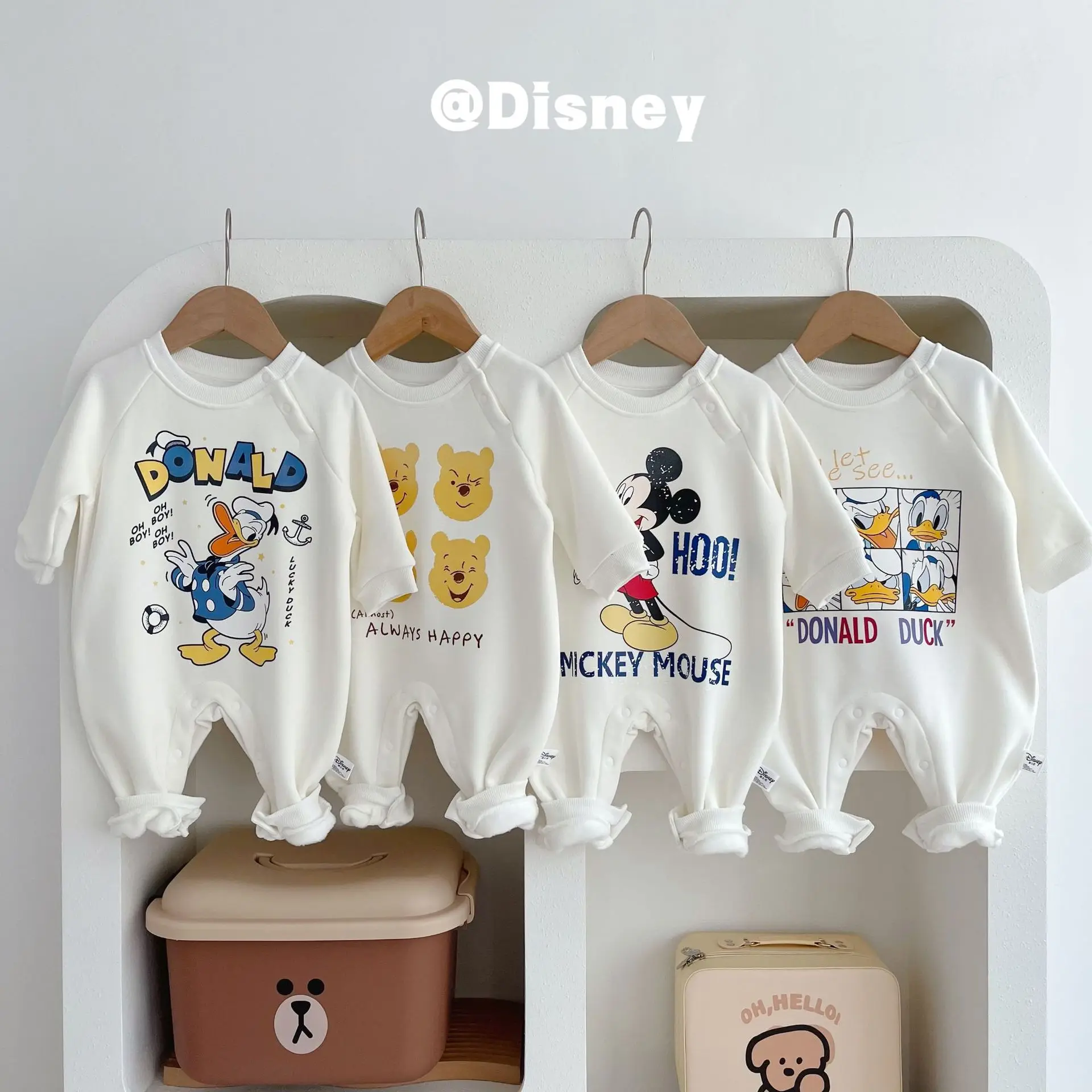 Winter Baby Boys Romper With Plush Cartoon Winnie Pooh Mickey Donald Print Long Sleeve Newborn Jumpsuit Girl Cotton Kids Outfit