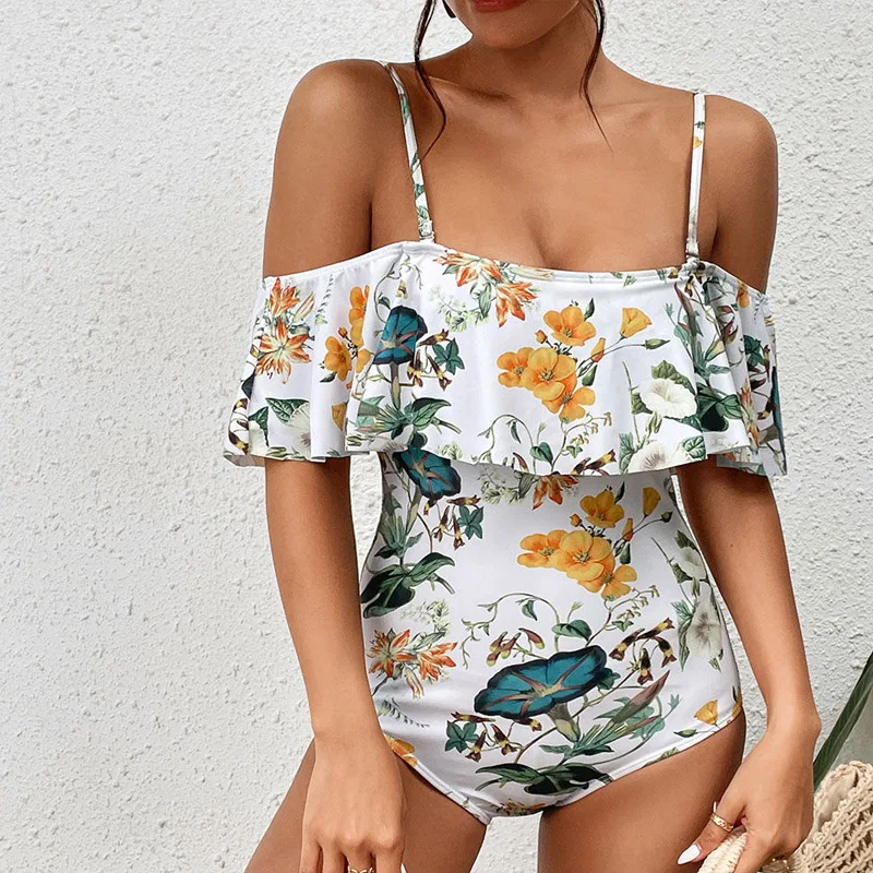 Fashion Printing Ruffles Sling Conjoined Body Swim Swimsuit New Short Sleeve Sand Casual Classic Off Shoulder Lady Swimwear