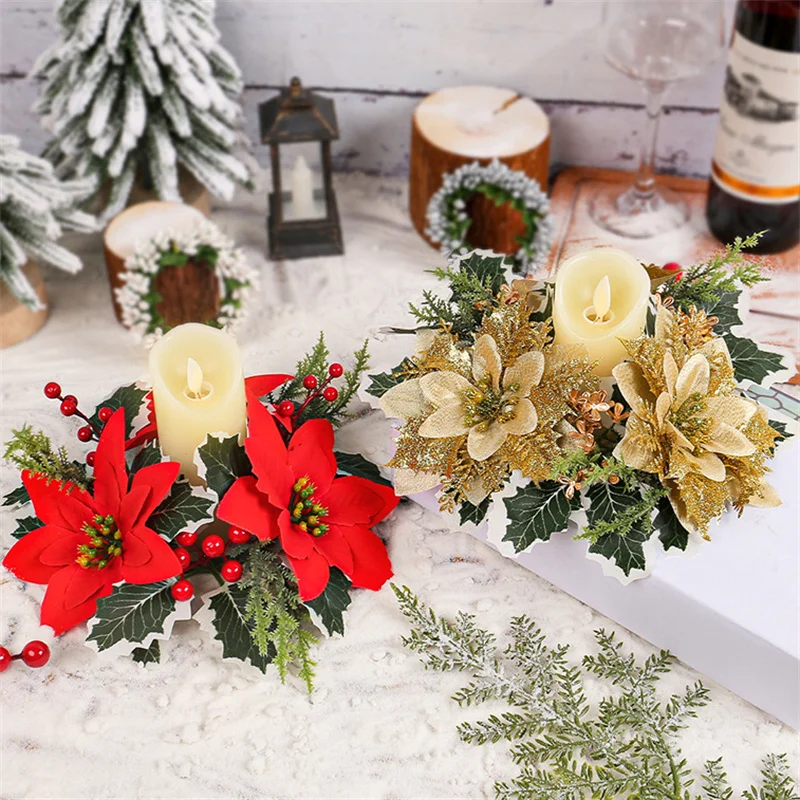 Christmas Candle Wreath Artificial Flowers Candle Ring Christmas Candle Holder For Home Christmas Wedding Party Decoration