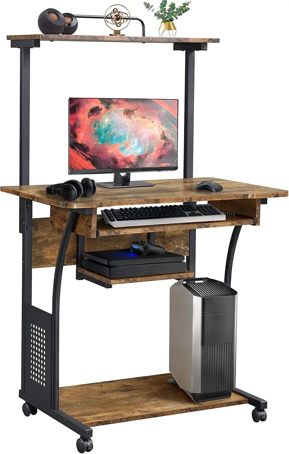 

Retro Computer Desk On Wheels Mobile Computer Desk With Printer Shelf And Keyboard Tray, 3 Tiers Home Office Desk With Storage
