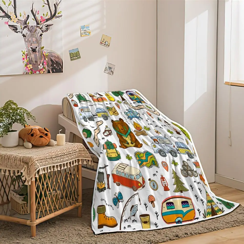 Cartoon Camper Van Bear Fox Rabbit Pine Tree Camping Gear Repeat Print Flannel Throw Blanket Soft Warm Cover for Kids Sofa Cabin