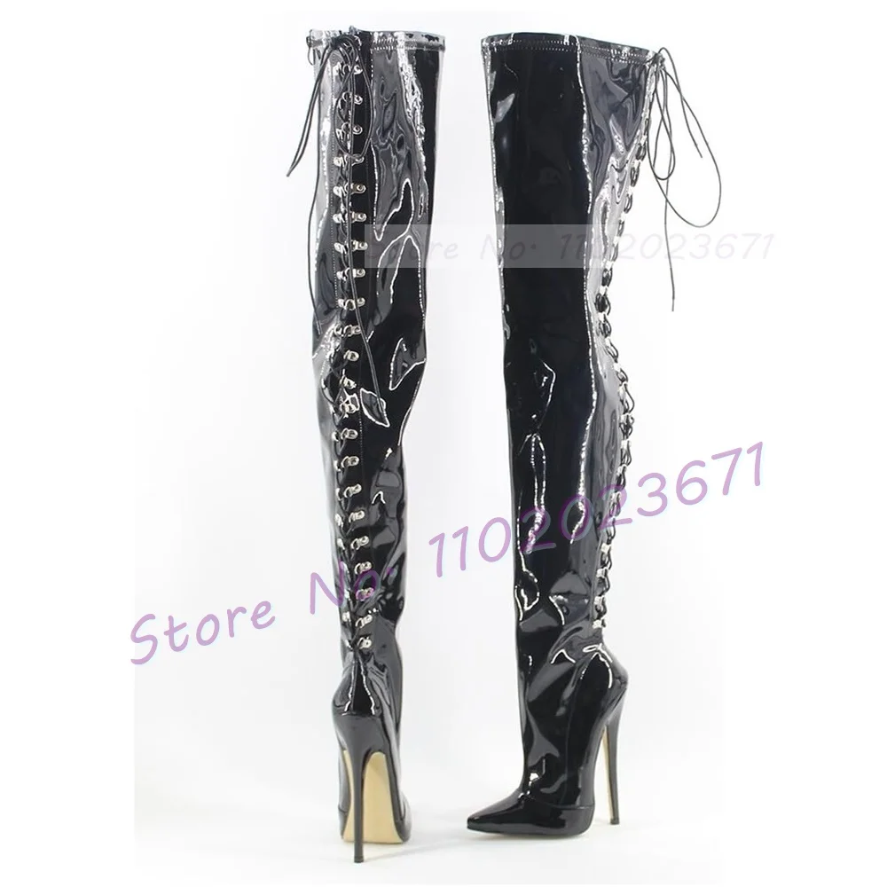 Silver Shiny Leather Crotch Boots Women Super High Heels Back Cutout Lace-up Shoes Ladies Metallic 16cm Pointy Party Sexy Boots