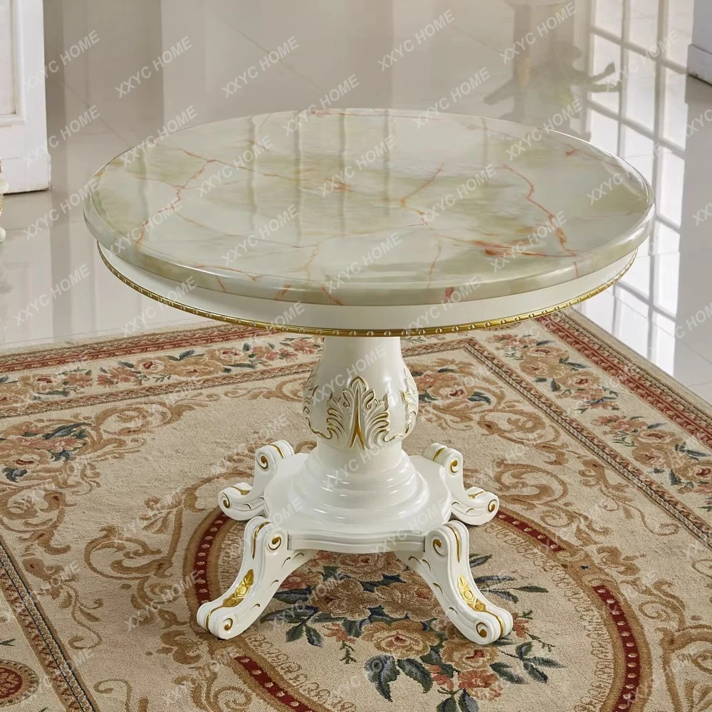 

HHigh-end dining table and chairs Modern marble small apartment carved solid wood home meal round table