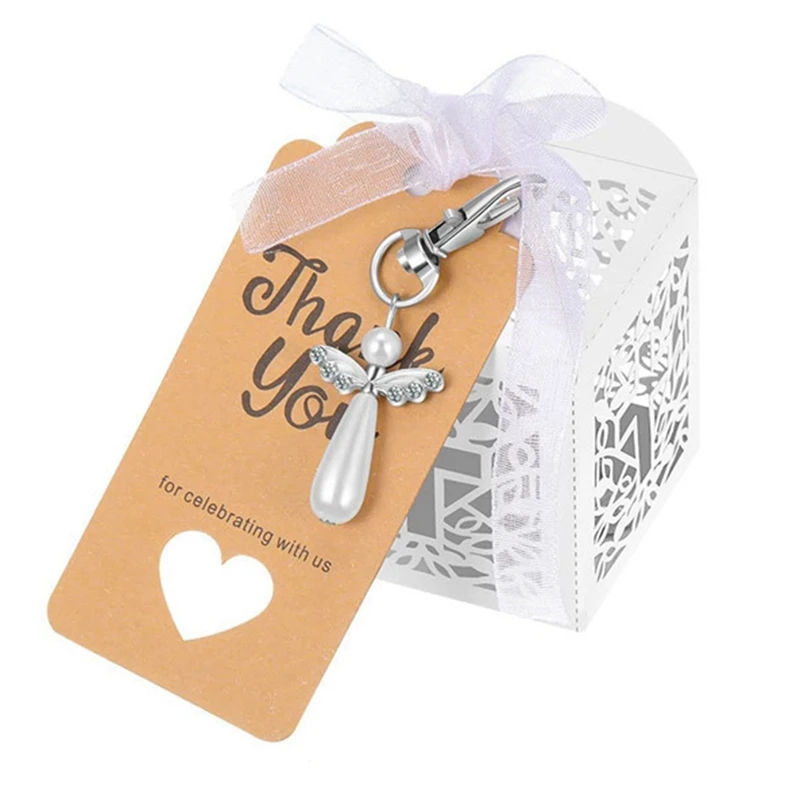 Angel Favor Keychain With Organza Bag & Angel Wing Thank You Tag, Guest Return Gift For Wedding Partys 24Pcs