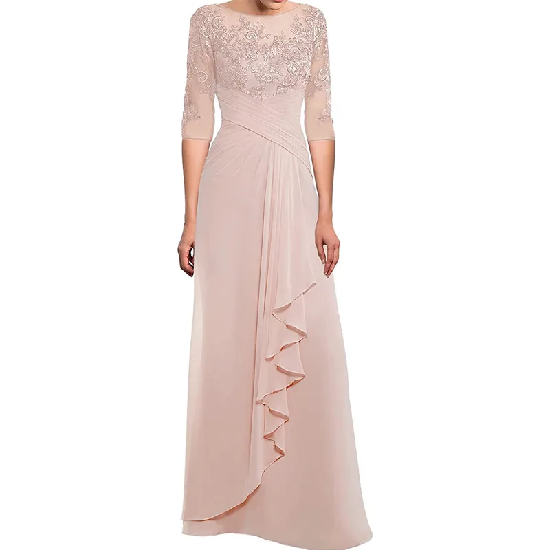 Mother of The Bride Dresses with Sleeves Chiffon Off Shoulder Lace Formal Evening Gown Wedding Guest Dresses for Women