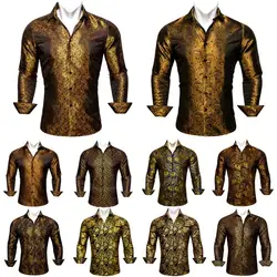 Designer Men's Shirts Silk Gold Embroidered Paisley Flower Long Sleeve Casual Blouses Slim Fit Clothing Lapel Tops Barry Wang