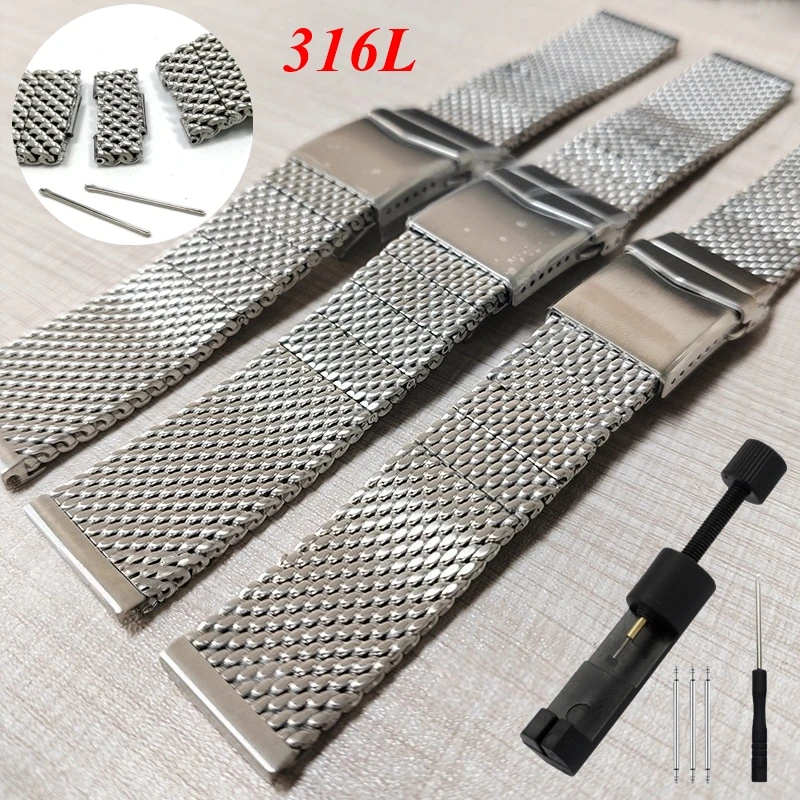 20mm 22mm 24mm 316L Stainless Steel Thickened Adjustable Chain Lark Shark Watch Mesh Strap Man ‌Metal Band ‌Milanese‌ Bracelet