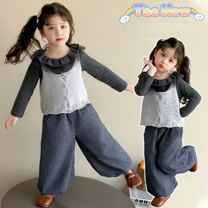 Girls Sweet Clothing Set Children Lace-trimmed Undershirt + Vest + Plaid Lantern Pants Three Piece Set Spring Autumn 2025 New