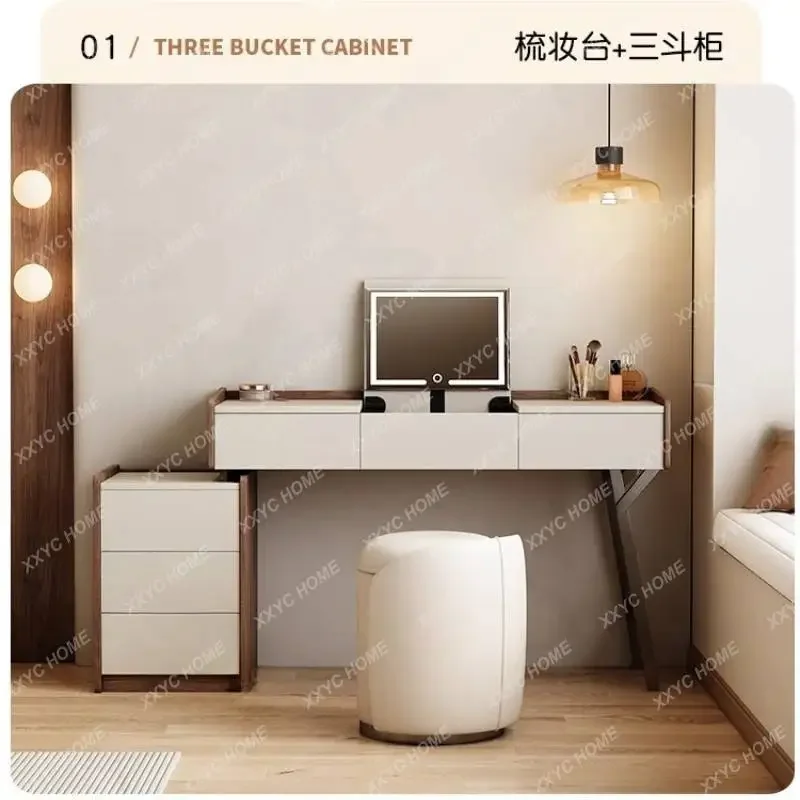 Luxury Mirror Makeup Table Stool Light Modern Wood Lounges Dressing Table Cabinet Seat Fluted Tocador Maquillaje Dressers