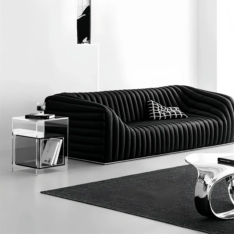 Lychee pattern leather sofa Bauhaus lazy style medieval straight row three people floor lazy sofa
