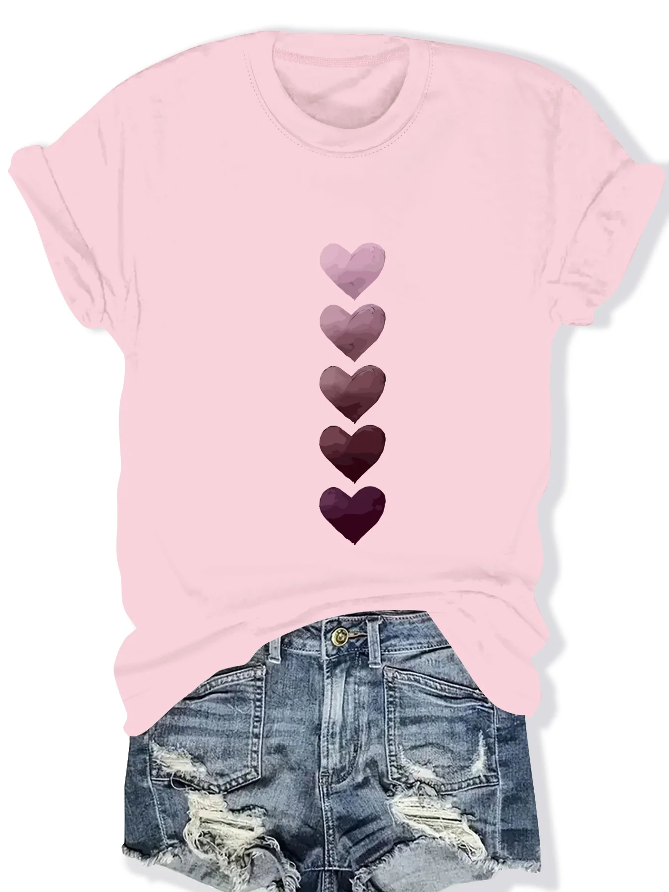 

Fashionable Heart Pattern Print Ladies round Neck Short Sleeve T-Shirt Stylish Casual Top for Women