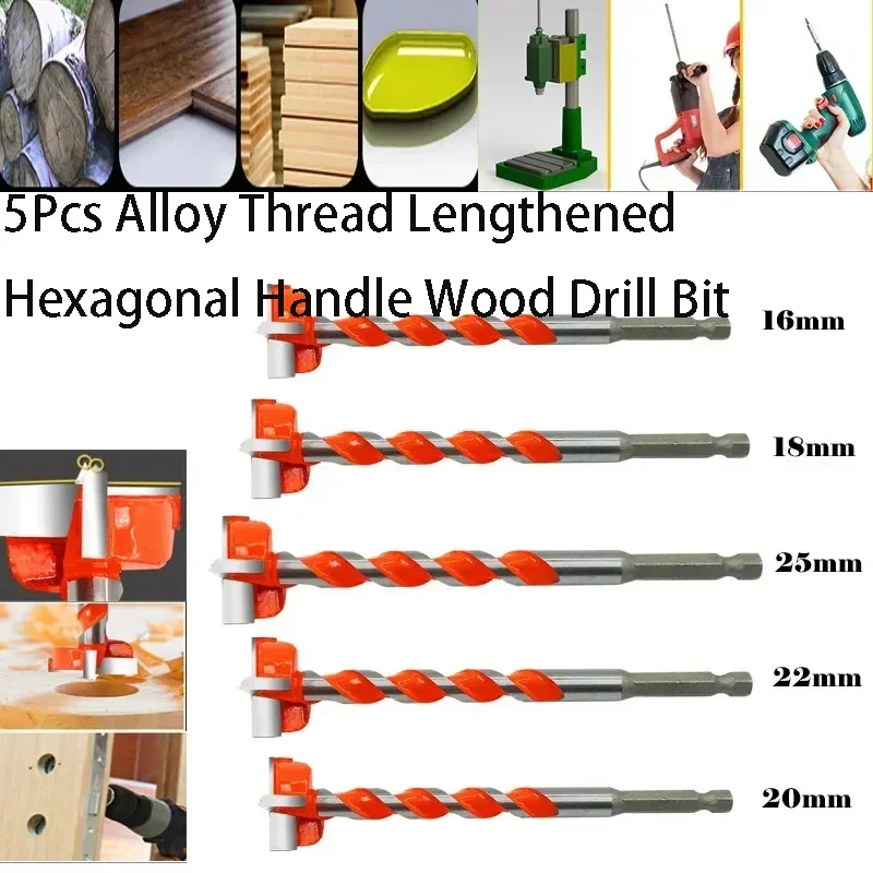 5pcs Hexagonal Handle Wind Batch Drilling Bit Long Woodworking Opener Fried Dough Twist Wood Tapper Wood Door Lock Reaming Drill