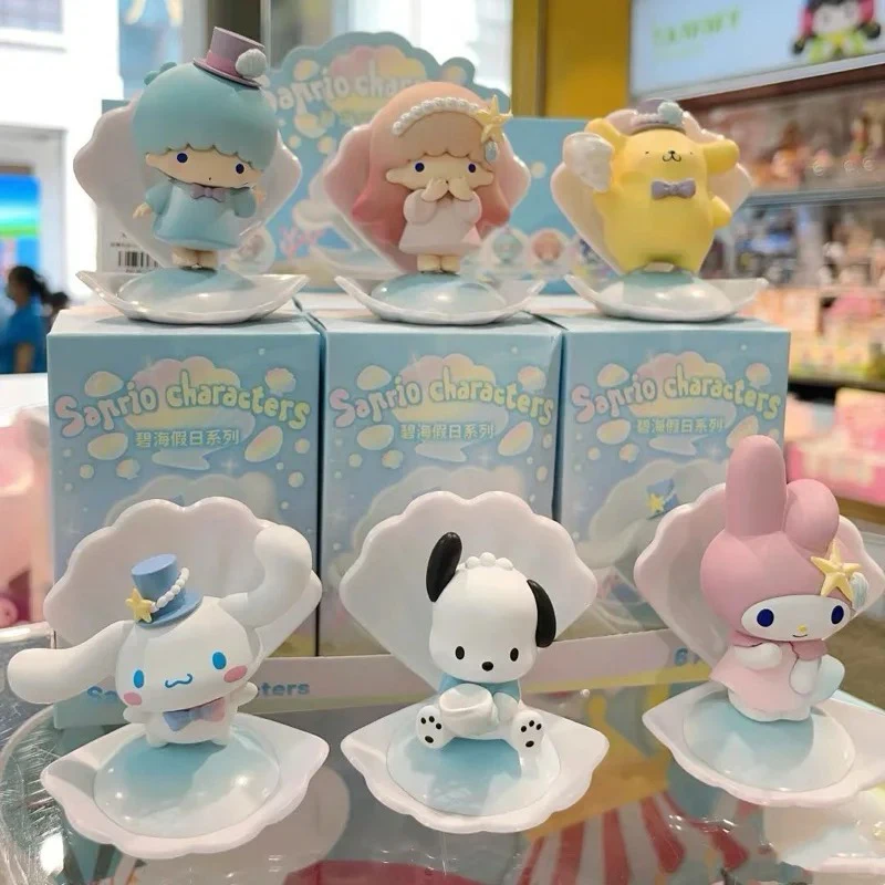 

Новинка 2024 г., модная фигурка Miniso Sanrio из ПВХ для праздника с синим морем, украшение для ракушек Kuromi ручной работы, маленький подарок, Игрушечная модель куклы