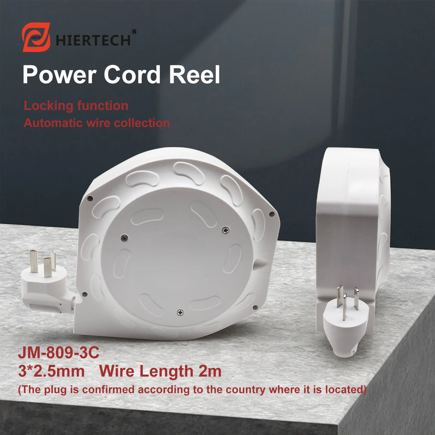 Hiertech White 100% Pc Raw Material 3-Core 2.5mm Stretchable 2m Retractable Cable Reel with Self-Locking Function