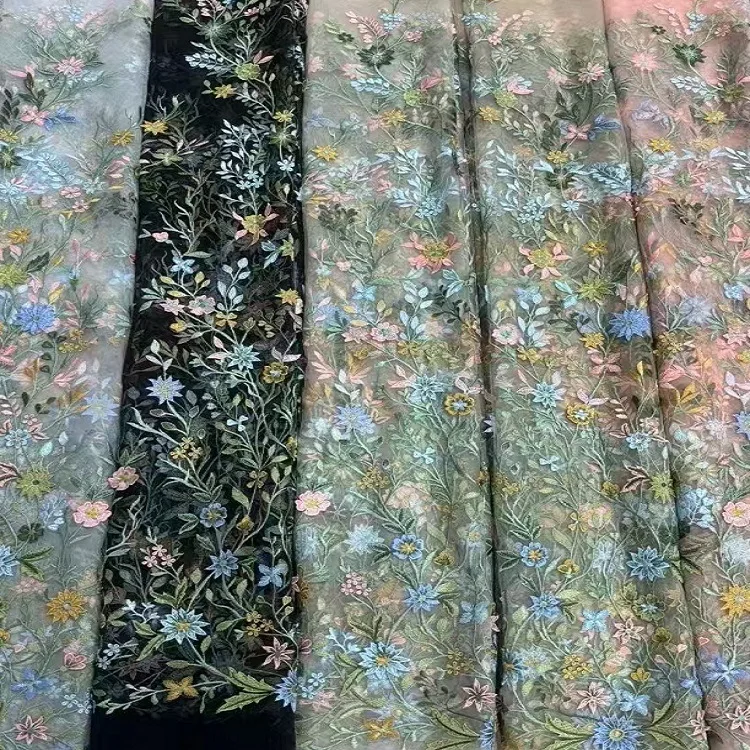 New Multi-color Floral Floating Border Embroidery Mesh Lace Fabric Handmade Wedding Dress Clothing Decoration Accessories