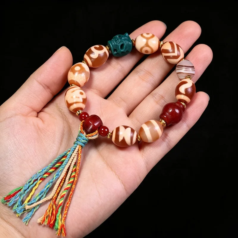 Tibetan Old Mine Agate Nobleman Lightning Three-Eyed Ruyi Tara Multi-Treasure Dzi Bead Bracelet