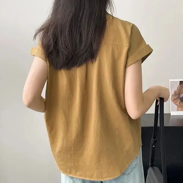 Temperament Polo Neck Button Blouse Short Sleeve Solid Youth All-match Office Shirt Tops Fashion Casual Women Clothing Summer
