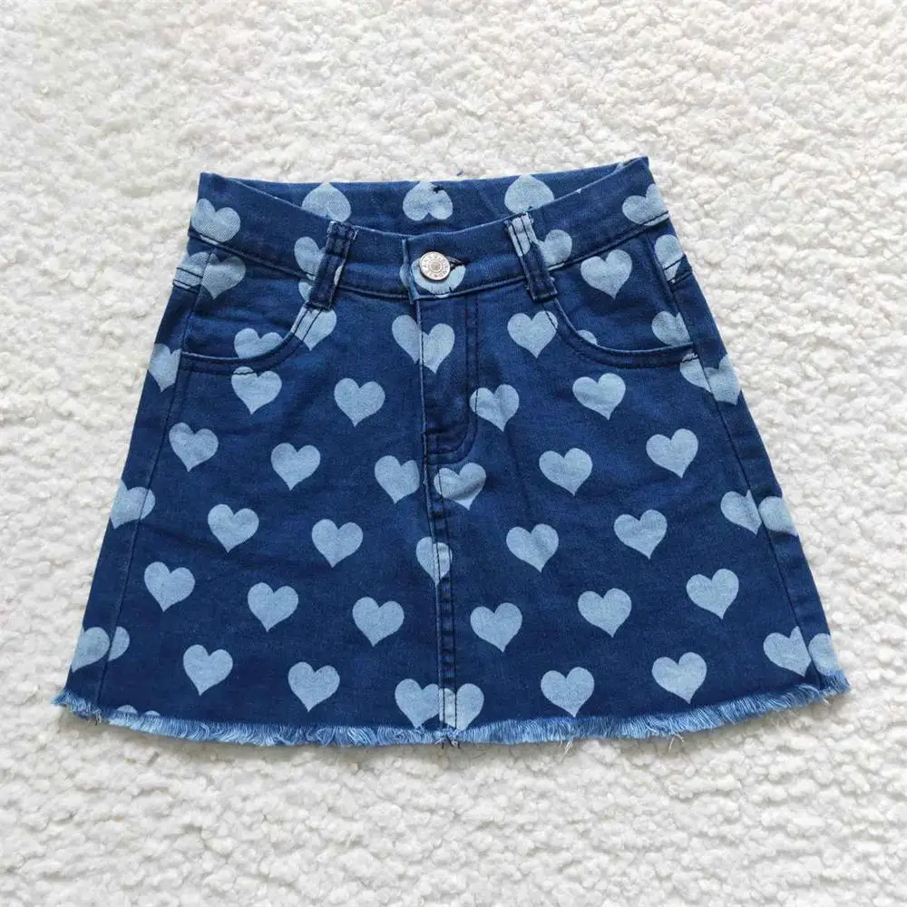 Jupe jean à poches pour enfants, élastique, réglable, amour, bébé fille, été, fermeture éclair, bleu