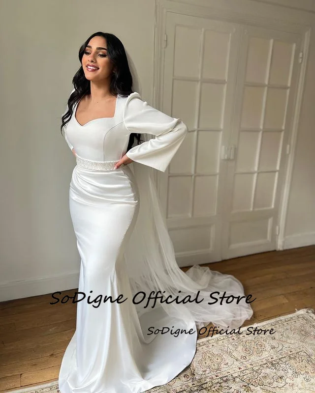 SoDigne Mermaid Satin Wedding Dresses Full Sleeves Sweetheart Elegant Bridal Dress Wedding Gown Bow Robe De Mairee ﻿Customized