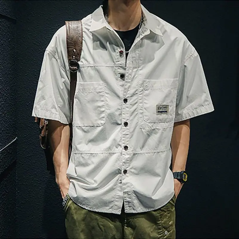 Shirts for Men with Pocket Japanese Vintage Man Shirt Yellow Short Sleeve Cargo Elegant Collar Cheap Brand Korean Style I Casual