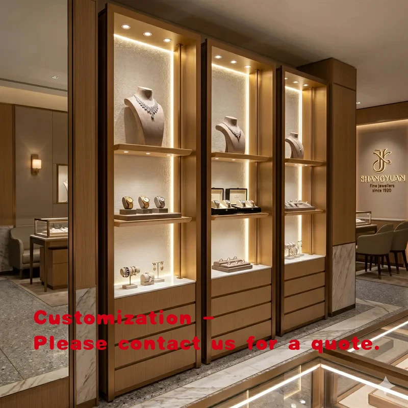 custom.Luxury Wooden Vertical Jewelry Display LED Lighted Wall Shelf Fine Cabinet High End Retail Store