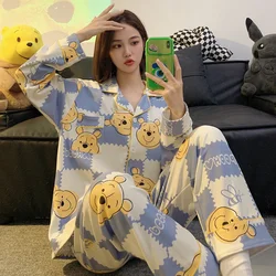 Disney Winnie the Pooh autumn new pajamas female cartoon cute cotton lapel cardigan long-sleeved sweet loungewear set