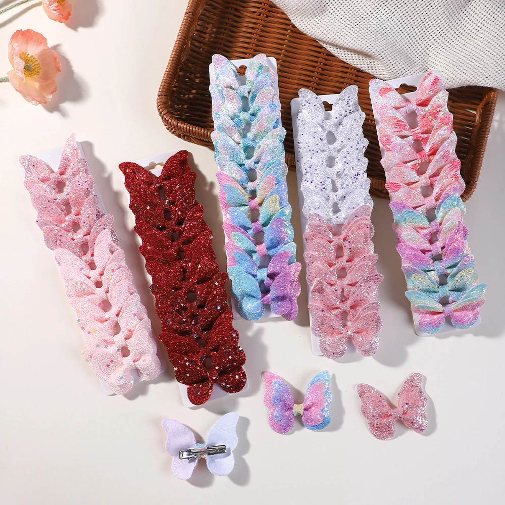 10Pcs/set Gradient Color Butterfly Bows Hair Clips Women Girls Glitter Leather Hairpins Barrettes Headwear Kids Hair Acesssories