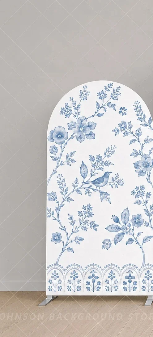 Custom Cielito Lindo Blue Floral Arch Backdrop Cover Mexican Talavera Tile Blue White Three Panel flower Baby Shower Background