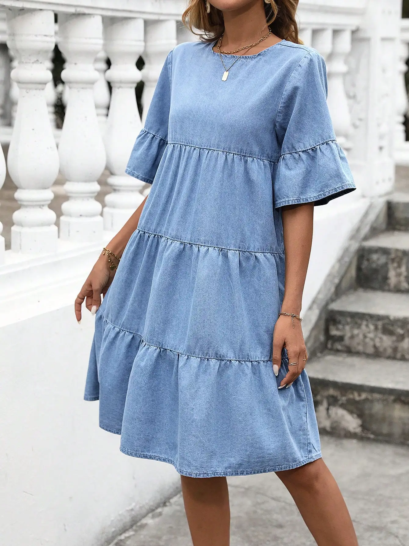 

Women's Round Neck Flare Sleeve Loose Denim Tiered Dress