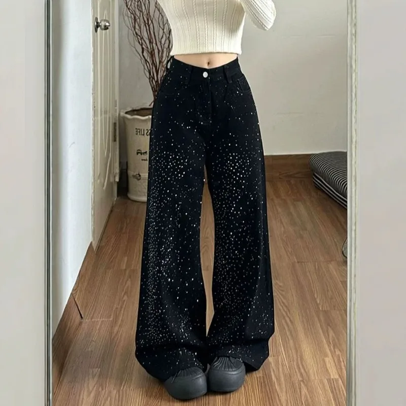 Gypsy Hot Diamond Wide Leg Jeans Women's Y2K Design Sense American Retro Spice Girl Fashion Sparkling High Street Mopping Pants