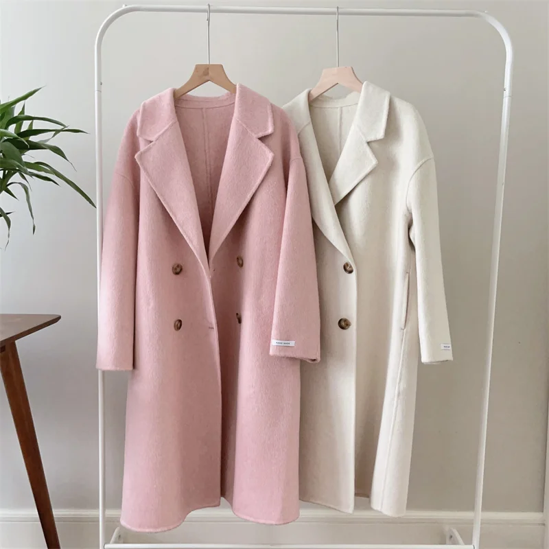 2025 Double-faced Cashmere Coat Women's Long Wool Overcoat Autumn Winter Double-breasted Woolen Outerwear Loose Tops Streetwear