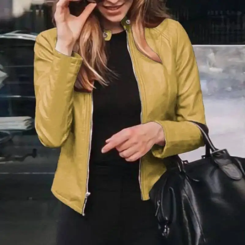 Slim Fit Faux Leather Women Classic Moto Biker PU Leater Jacket Spring Autumn Basic Zipper Coat Outerwear