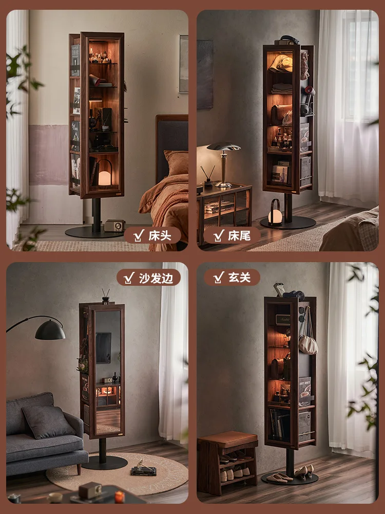 Solid wood rotating mirror cabinet bedroom home full-body mirror black walnut magazine rack floor-to-ceiling multi-purpose