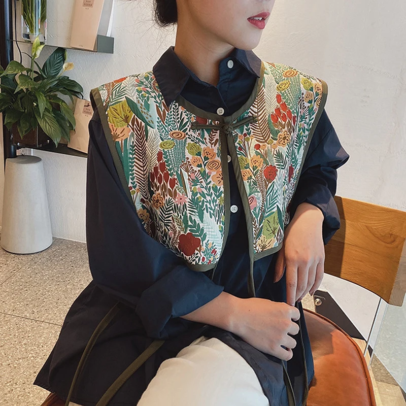 Women Embroidered Shoulder Scarf Shawl Wrap Floral Shirt Fake Collar Decorative