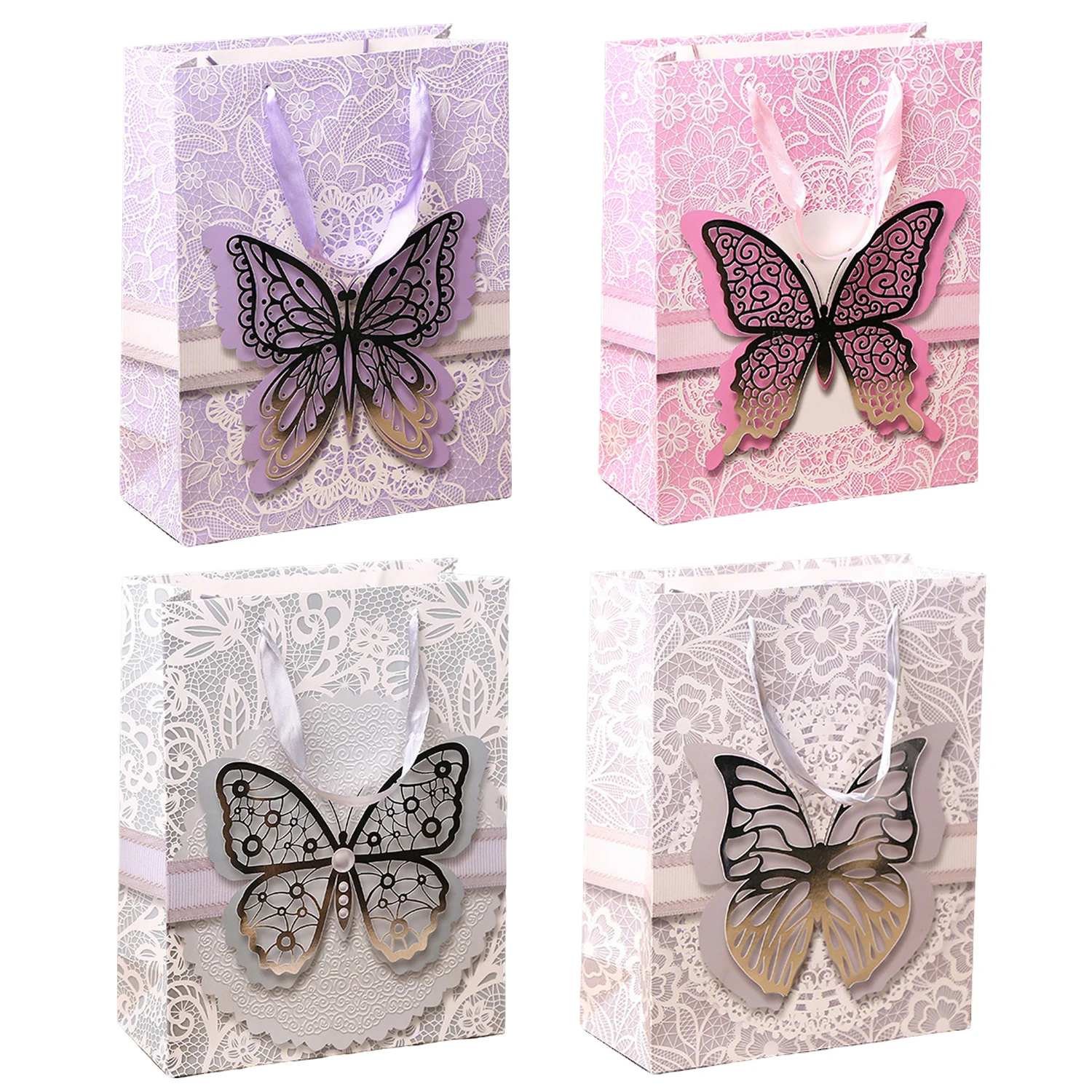 4pcs Butterflies Gift Bags Birthday Bags with Tissue Handle Printed Butterfly Insect Animal Wrapping Gainsboro Storage