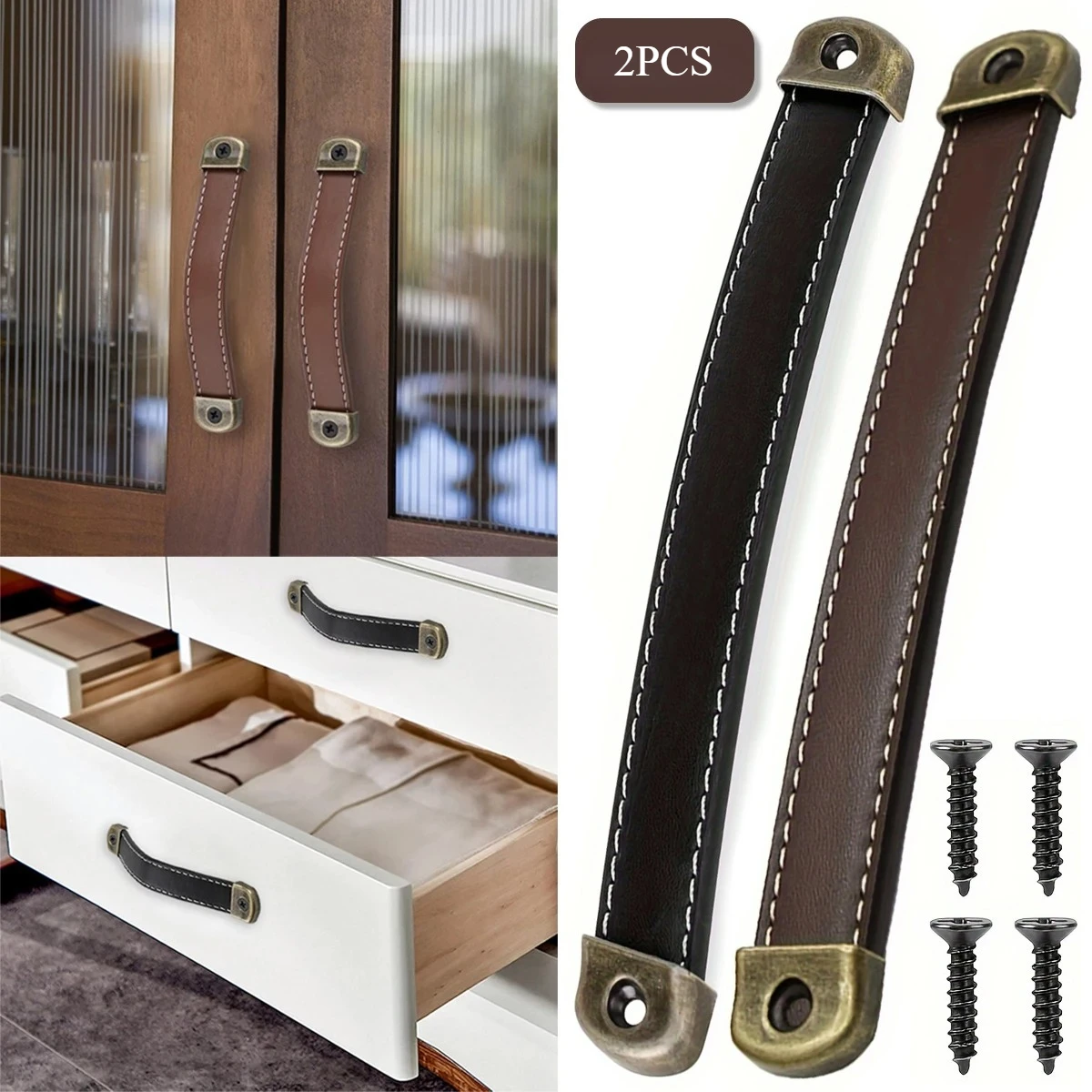 2Pcs PU Leather Handles For Drawers Leather Trunk Handle Suitcase Luggage Pulls Cabinet Handles PU Leather Strap Handle Cabinet
