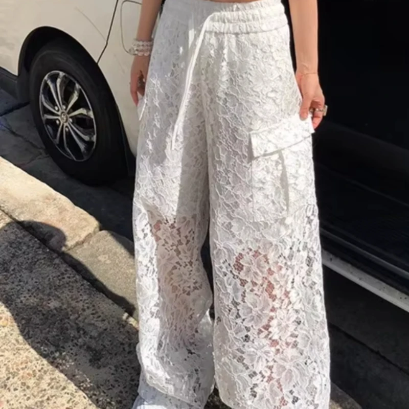 Summer American Leisure Street Decorated White Gauze Lace Drawstring Waist Trousers Gentle Temperament Dating Ladies' Trousers