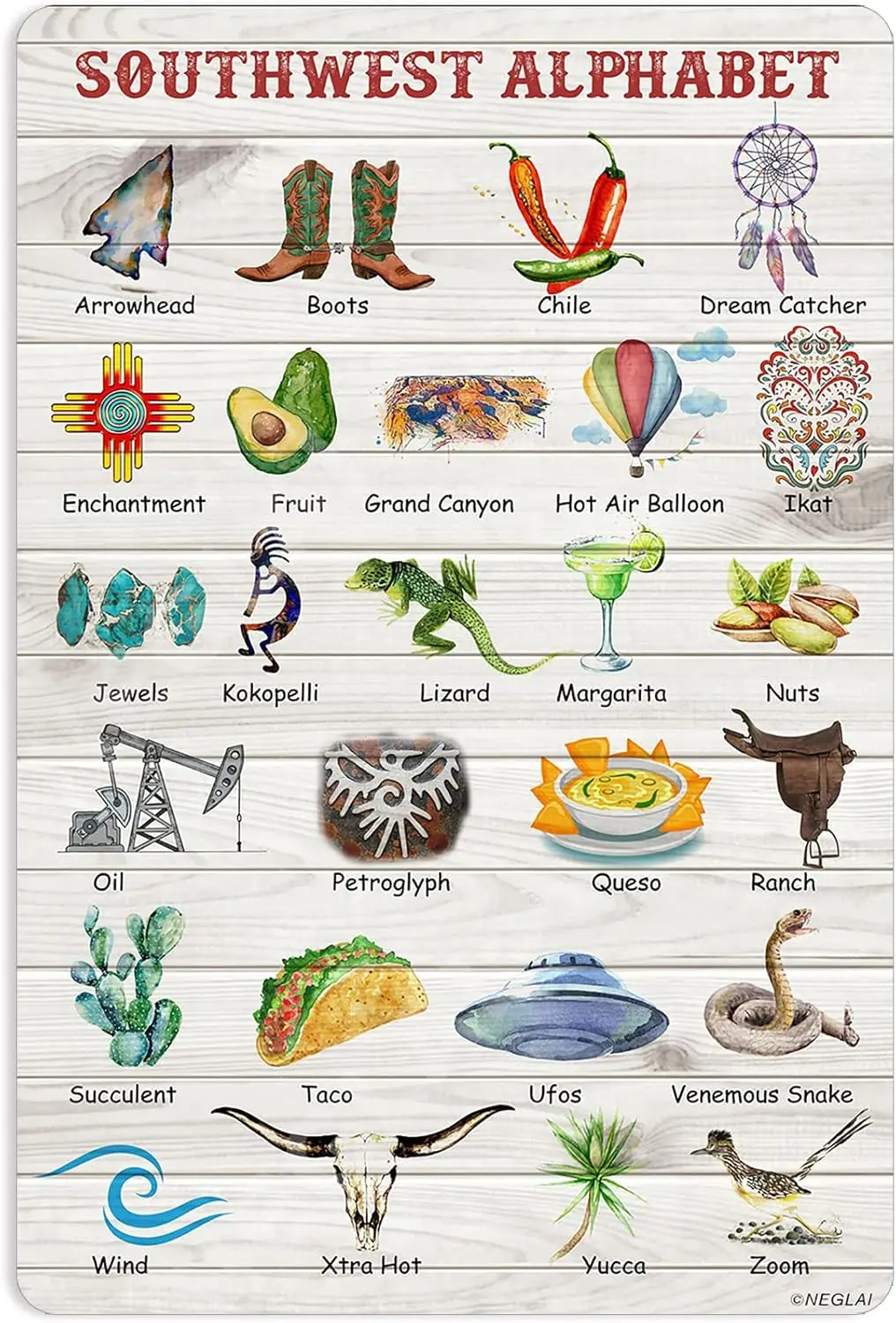 Affiche en métal sur le thème de l'alphabet du Sud-Ouest, décorations vintage, art mural, 8x12 pouces