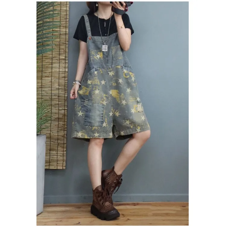 

Новые летние джинсовые комбинезоны больших размеров со звездным принтом, длинные брюки с высокой талией, женская модная повседневная одежда с водной талией Proc