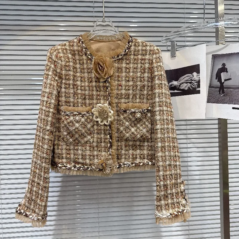 

Осень 2023, новое тяжелое трехмерное твидовое короткое пальто в клетку с цветочным принтом, женское модное тонкое элегантное пальто с длинными рукавами