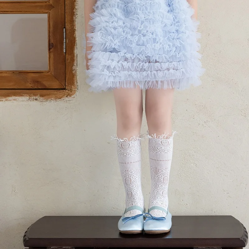 Children's Bohemian Style Calf Socks Lolita Hollow Tassel Retro Pattern Socks for Girls ,Spring/Summer Thin Knee High Stockings