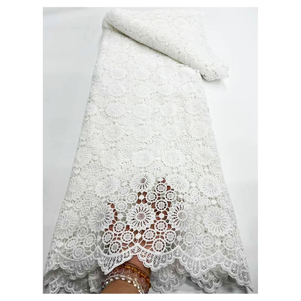 

African Guipure Lace Skin Friendly Emboridered White Wedding Cord Tulle Fabric with Nigerian Celebration Dresses CO1182