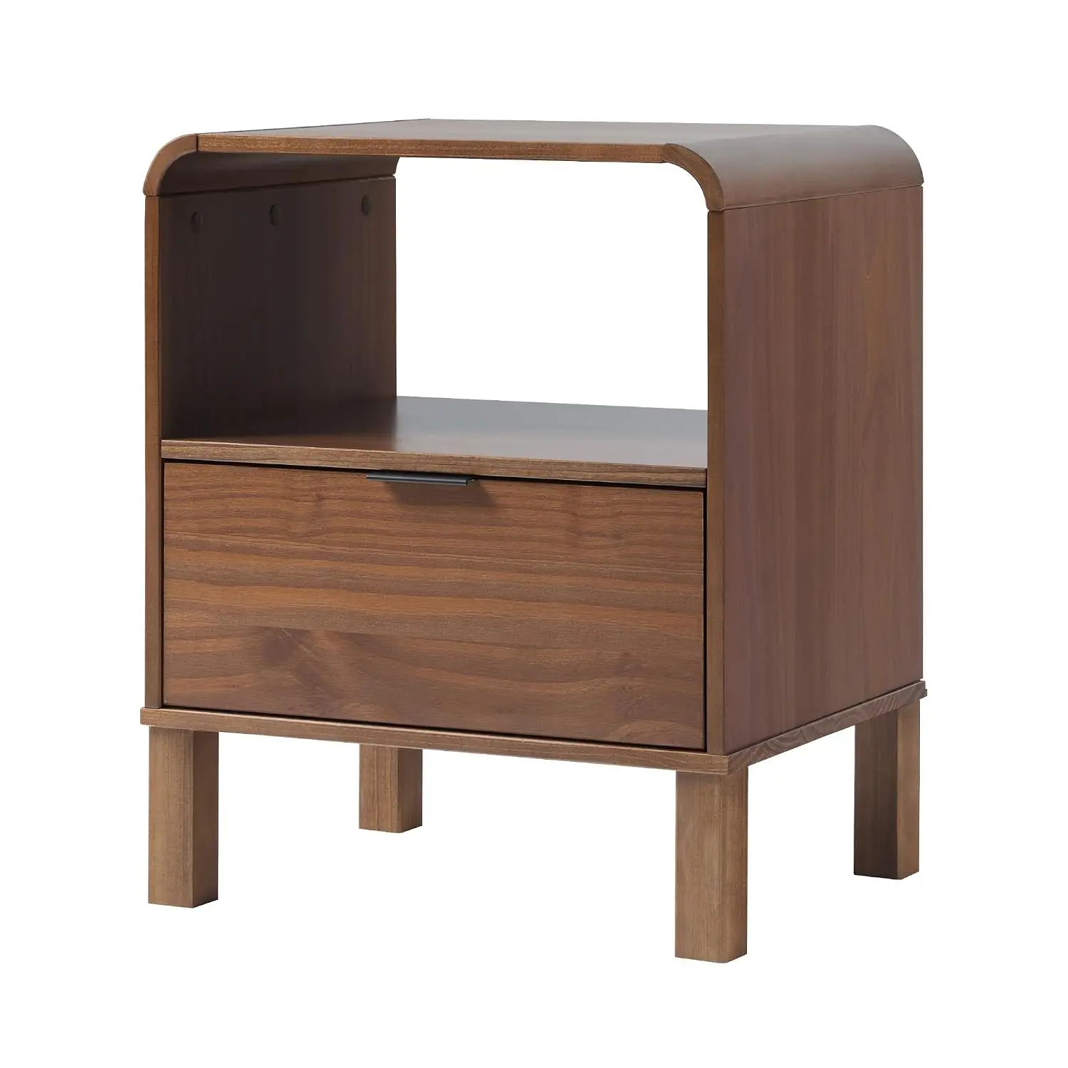 Modern Curved-Top Solid Wood 1-Drawer Nightstand with Open Cubby 24 Inch Brown, Customized