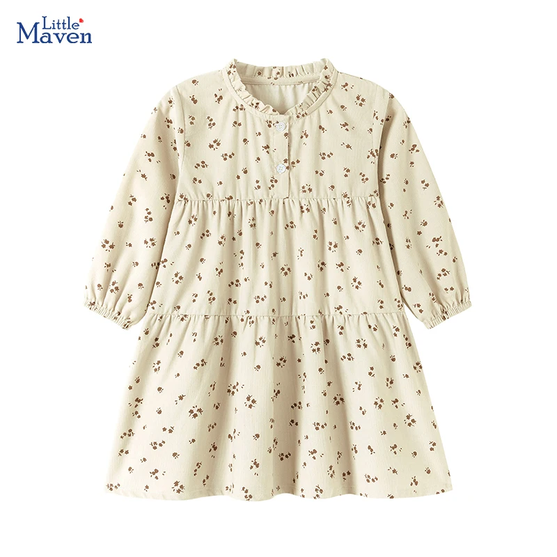 Little maven Children's Clothing Spring Autumn Dress Kids Clothes Baby Girls Long Sleeve Cartoon Flowers Corduroy Princess Dress