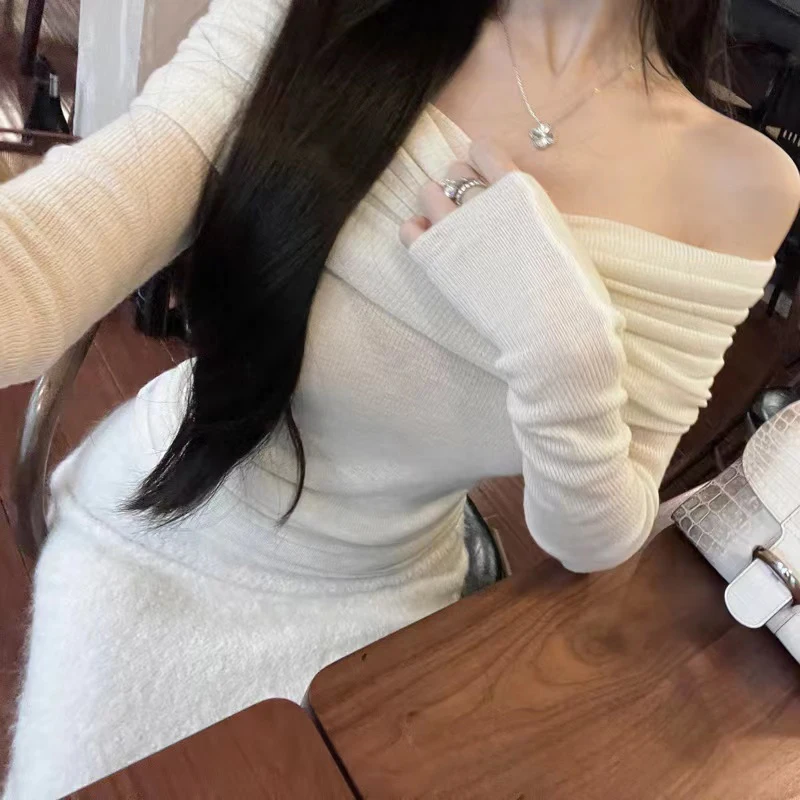 Black Sexy Slash Neck Knitted Sweater Women autumn Fashion Pleated Off Shoulder Jumpers lady Elegant Long Sleeve Slim Pullovers