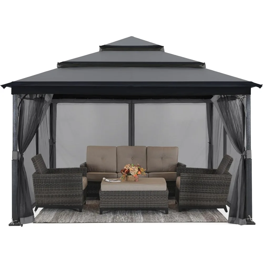 Outdoor Garden Awning 12x12FT Outdoor Gazebo for Patios with 3-Tier Roof Canopy Gazebo with Mosquito Netting Dark Gray Tent Home