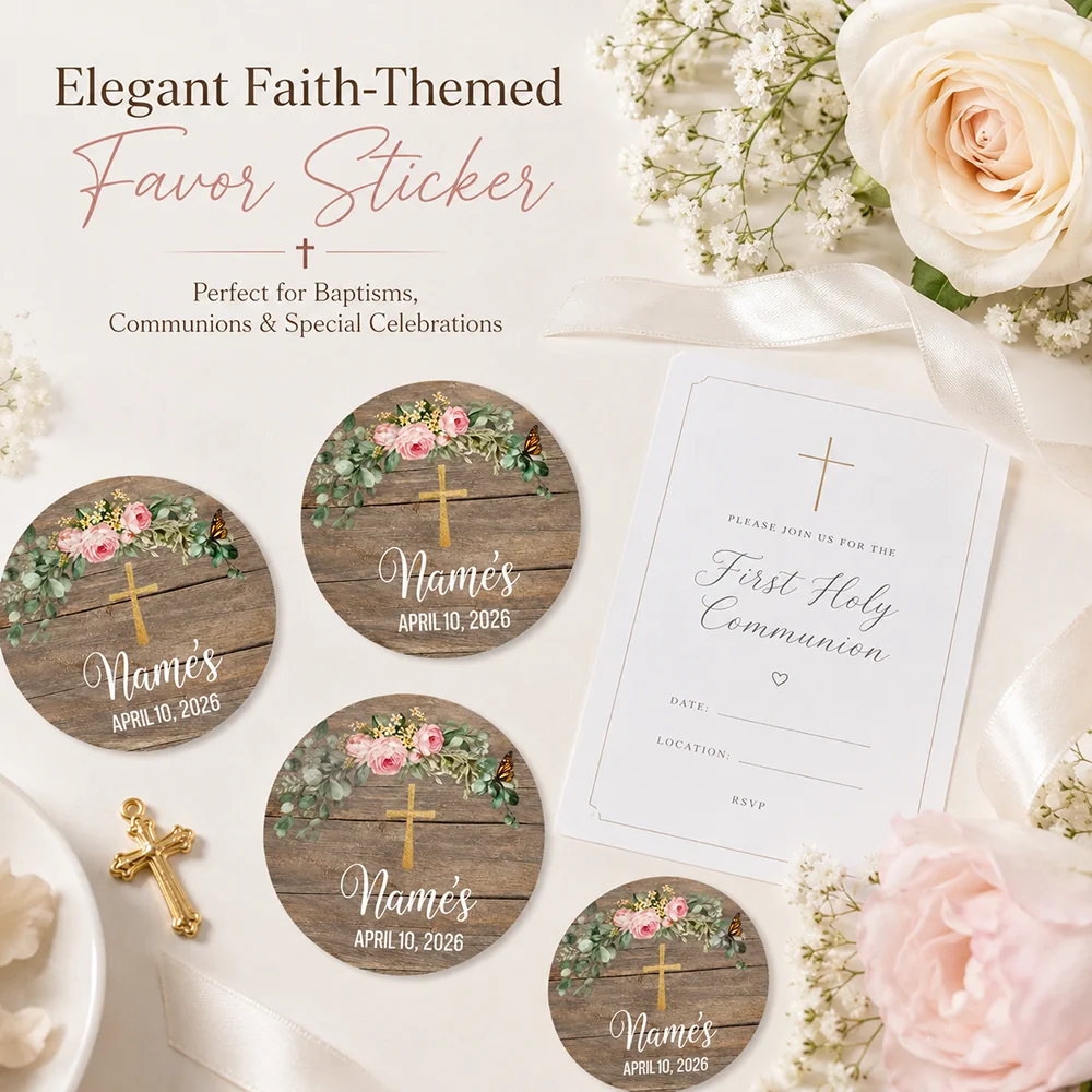 Customized First Communion thank-you stickers, personalized rustic wooden floral design, paired with a golden cross, elegant tags suitable for First Communion gifts and giveaways - view 5