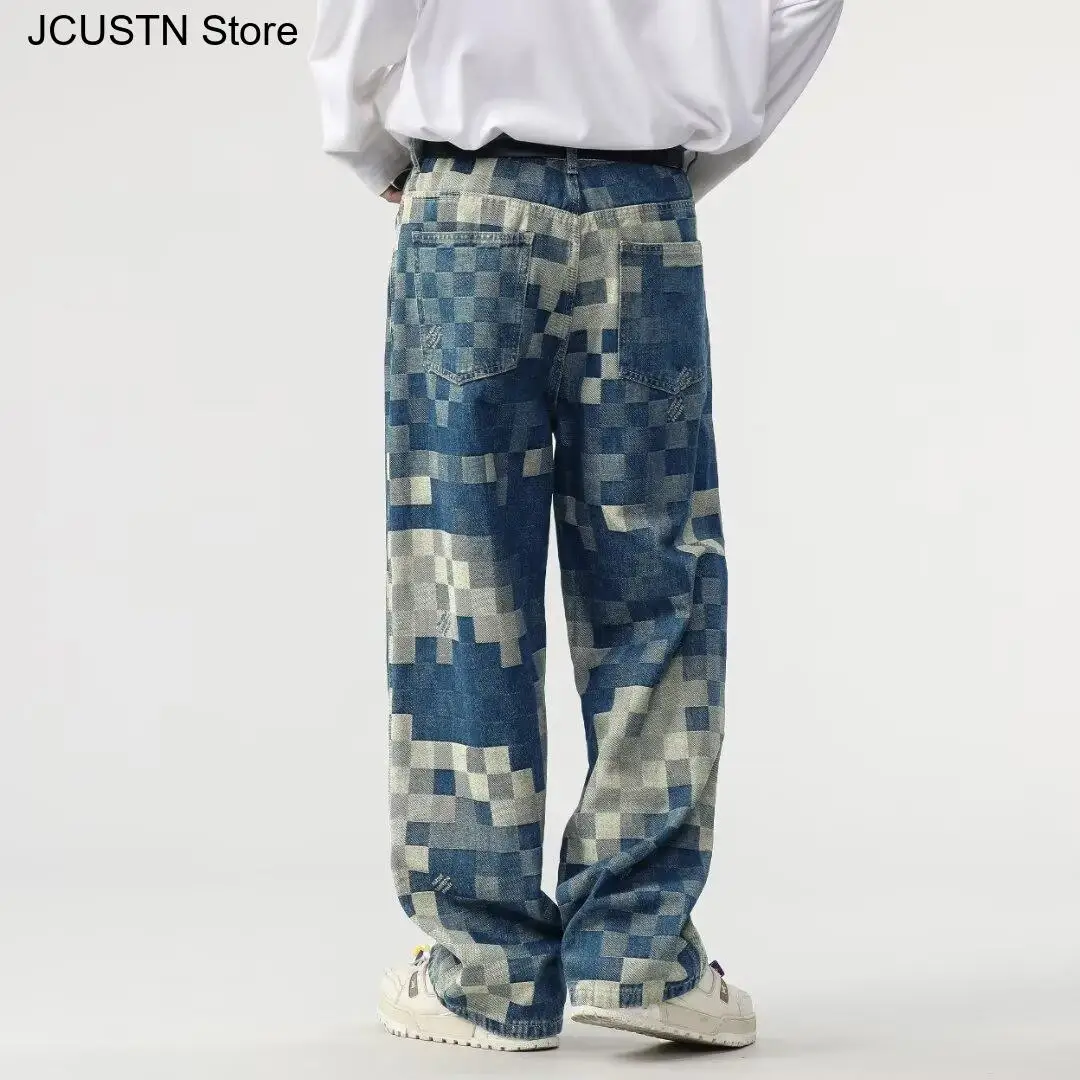 Masculine Trendy Straight-Leg Pant Loose Fit Men's Cotton Ripped Frayed Raw Hem Denim Trousers High Street Style Jeans view 4